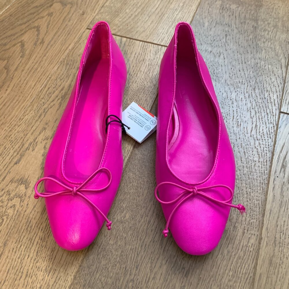 Zara Bow Trim Leather Pink Ballet Flats Fuchsia Barbiecore Size 37